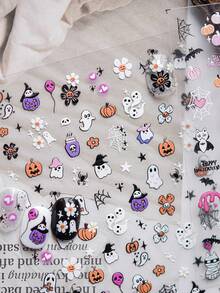1pc 5D Embossed Nail Stickers, Dark Style Pink Pumpkin Head Halloween Ghost Nail Art Decals, Self-Adhesive Nail Decoration DIY Accessories - Multicolor - View 5