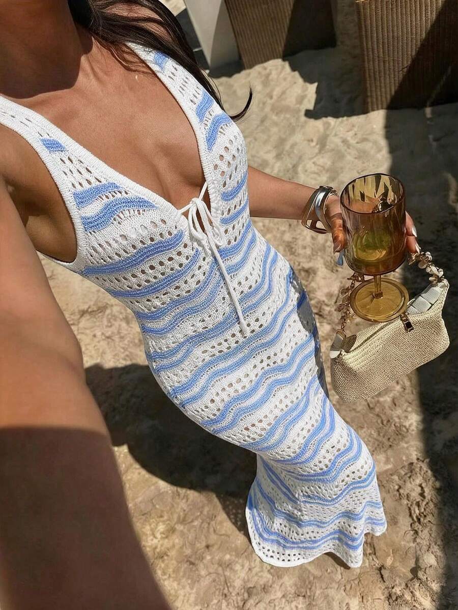 Women Long Dresses - 灰藍色和象牙白 - 查看 1