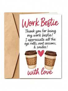 1入「Work Bestie」感謝與生日卡片附信封，咖啡設計同事感謝卡，幽默辦公室禮物，內頁空白 - 多色 - 查看 8