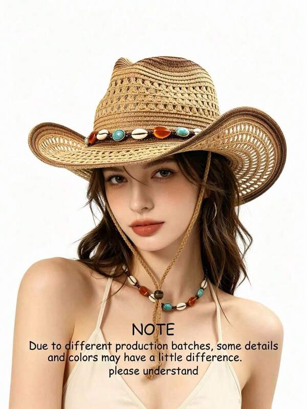 1pc Bohemian Style Solid Color Beaded Hollow Panama Straw Hat, Good UV Protection, Suitable For Daily Wear As Decorative Accessory, Fashionable And Versatile