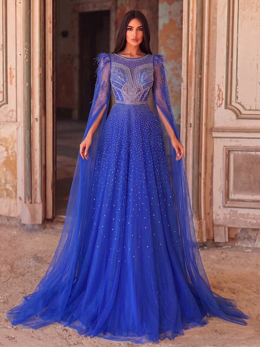 Faeriesty Elegant Mesh Overlay Evening Gown: Luxurious Rhinestone Extra Long Sleeve Dress Wedding Party Fall