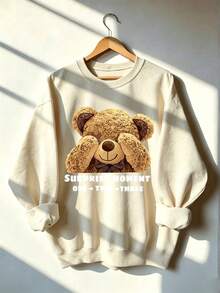 Soft Cute Bear Covering Eyes Print Crew Neck Sweatshirt, Sweet Surprise Slogan Pullover Top, Y2K Adorable Style Casual Long Sleeve, Gentle Atmosphere Daily Home & Street Versatile Outerwear - Apricot - View 6