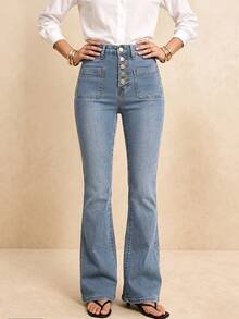 Women's Elegant Elegant Style All-Season New Minimalist Vintage Design Front Pocket Denim Flare Jeans Extra Long - Light Wash - View 5
