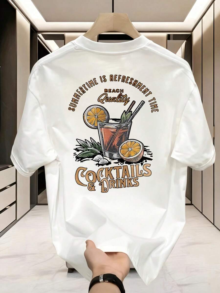 Casual Summer Style, Teenage T-Shirt, Cocktail And Drinks Graphic Print, Beach Vacation Season, Gift For And, 100% Cotton, For Teenager - White - View 1
