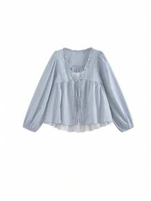 Korean Style Sweet Youthful Ruffle Petal Sleeve 2 In 1 Striped Loose Long Sleeve Blouse Top - Blue - View 8