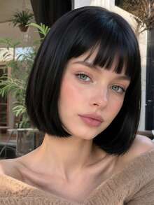 12 Inch Black Straight Bob Wig With Bangs, Elegant Short Hair, Suitable For Holiday Party And Date Styling - Black - View 2