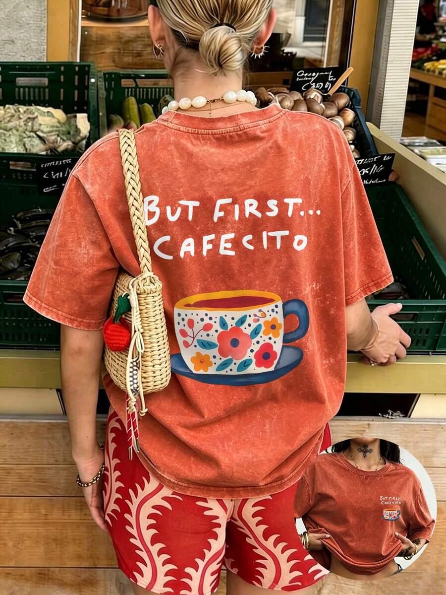 First-Time Offer... Coffee Pleasure Women's Plus Size Crew Neck Loose T-Shirt, Perfect For Vacations, Travel, And Beaches - Orange Red - View 1