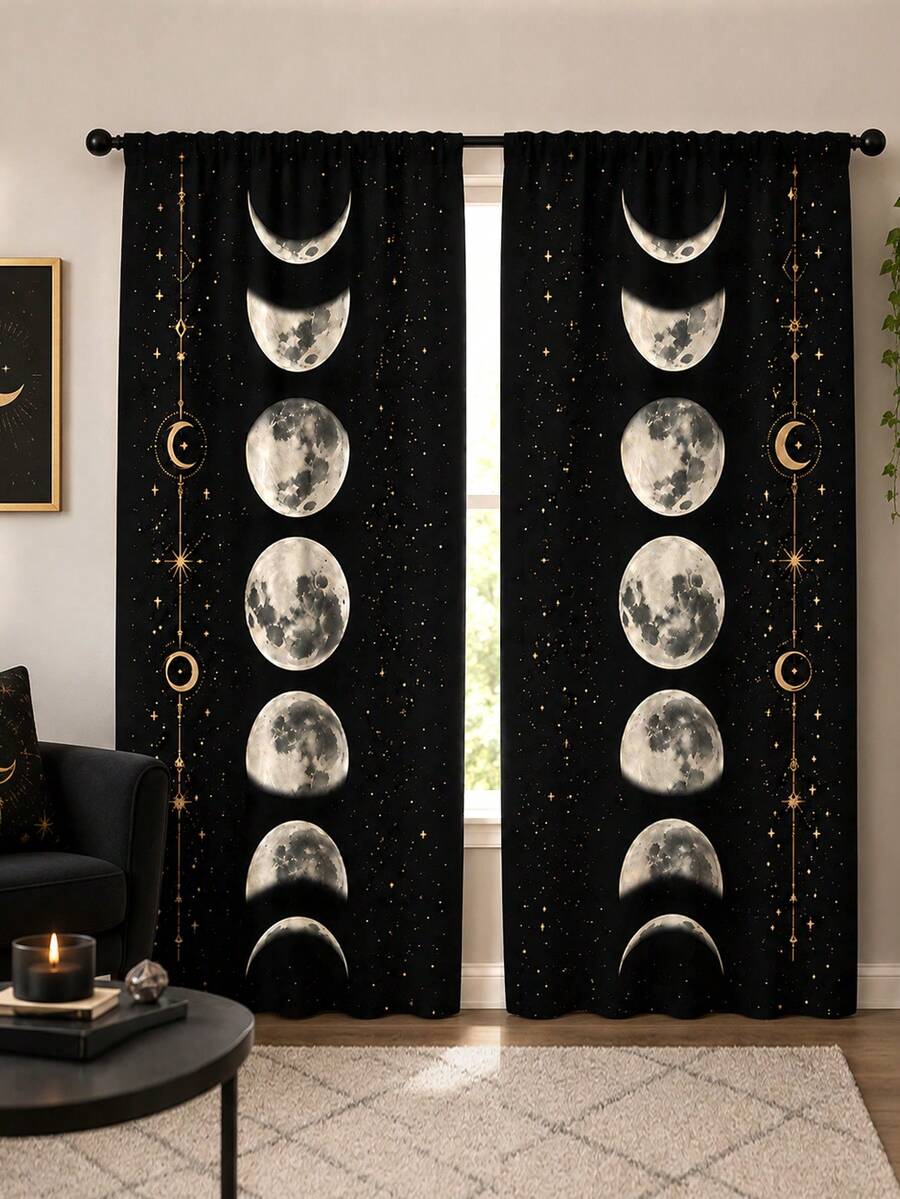2pcs Polyester Printed Starry Night Sky Forest Moon Pattern Semi-Sheer Curtains, Rod Pocket Design, Machine Washable, Perfect For Bedroom, Office, Kitchen, Living Room, Study Decoration (Rod Not Included), Bedroom Decor, Living Room Curtains
