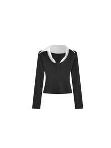 Colorblock Patchwork Faux Two-Piece Long Sleeve T-Shirt - Black - View 6