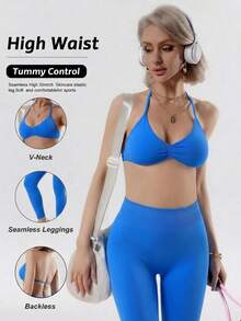 Women's Summer Two Pieces Blue Top And High Waisted Leggings Suit For Exercise Yoga Pilates Gym Run Wear Sports - Royal Blue - View 6
