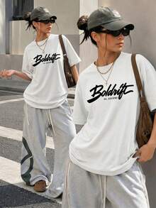Women's White Y2K Script Letter Graphic Oversized T-Shirt, Drop Shoulder Crew Neck Short Sleeve Loose Fit Streetwear Campus Back To School Sports - White - View 3