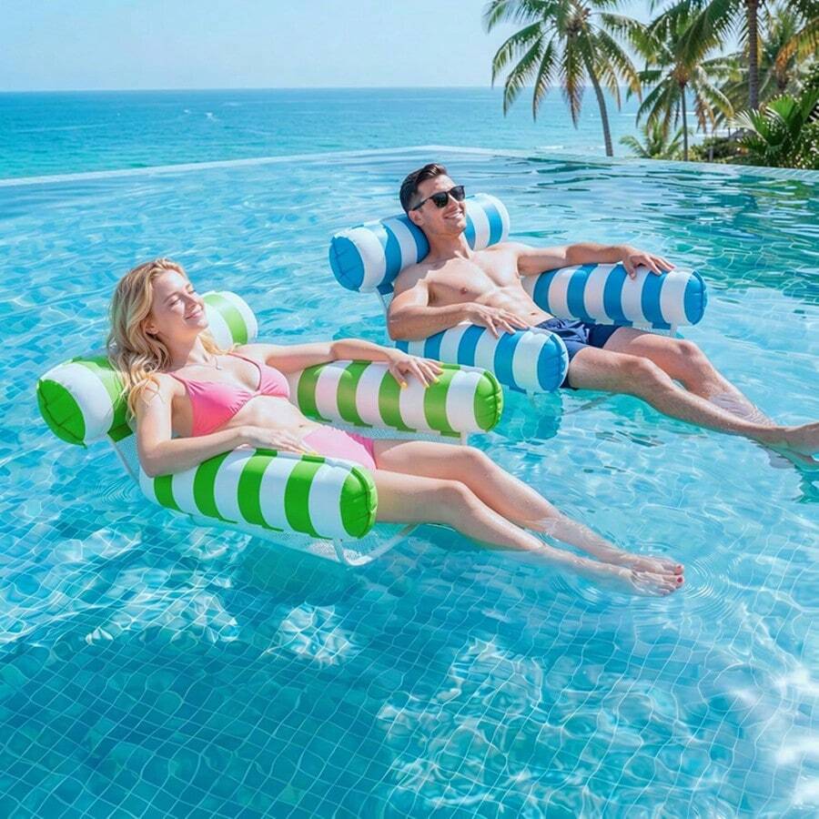 1/2PCS Striped Inflatable Water Hammock Float Lounger, Thickened Heavy Duty PVC Mesh Pool Floating Chair For Adults, 300+ LBS Capacity Beach Lake Summer Swimming Rest Accessory - Multicolor - View 1