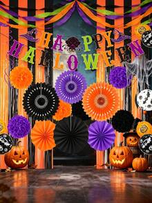 This Halloween Party Decoration Banner Set Includes Letters, Different Colored Paper Flower Balls, And Paper Fans. It's A Halloween Party Accessory, Home Decor Item, And Perfect For Creating A Halloween Party Atmosphere. - Multicolor - View 5