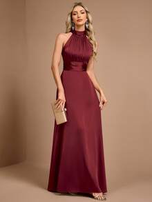 Burgundy Elegant Halter Neck Sleeveless Satin A-Line Evening Gown, Autumn/Winter Formal Dress, Suitable For Wedding Guests, Prom, Party And Holiday - Burgundy - View 5