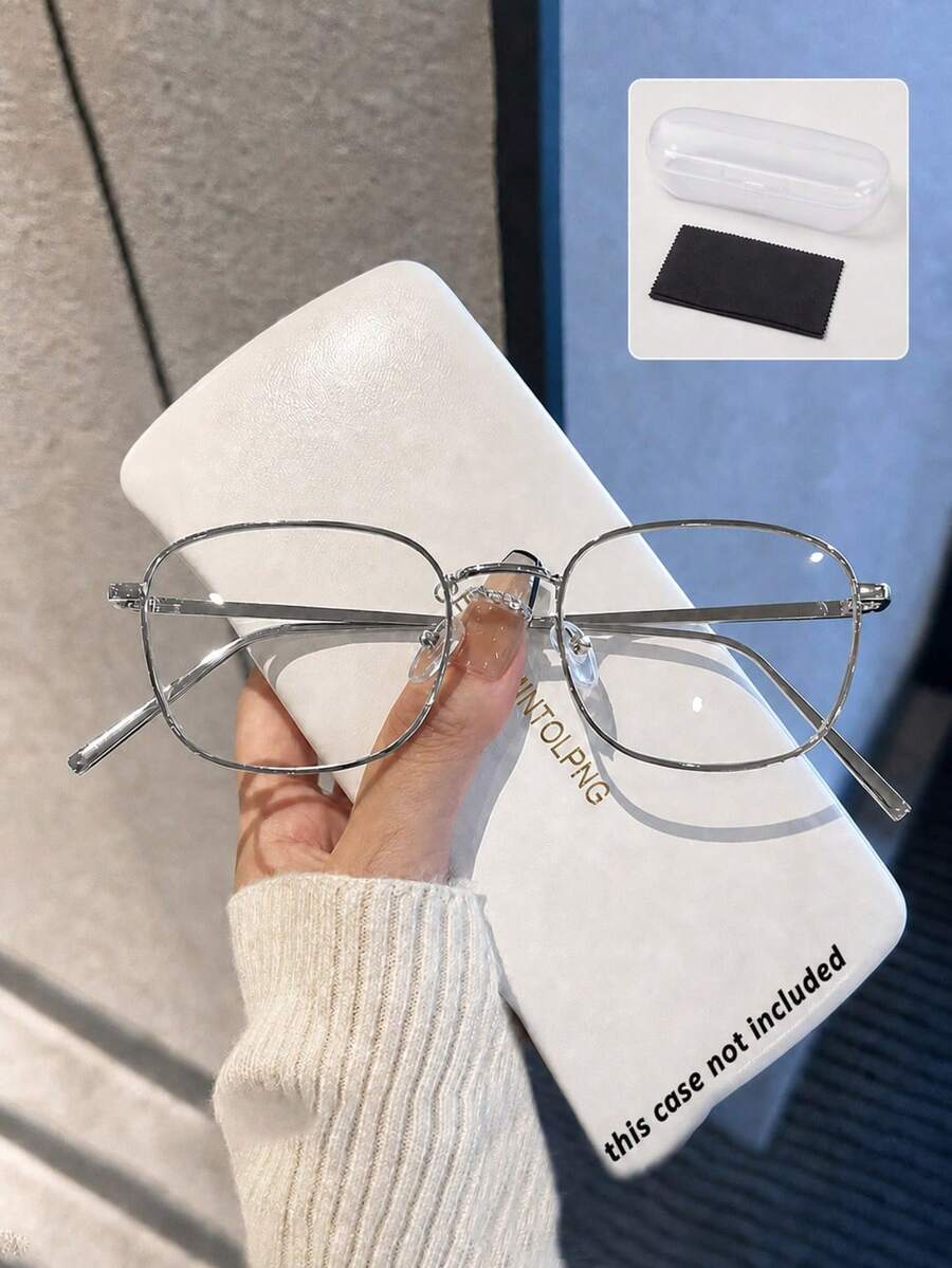 1pc Rectangular Metal Frame Glasses, Clear Non-Prescription Lenses, Neutral Japanese Style Decorative Glasses, Women's Fashion Eyewear Accessory, Includes Glasses Protective Case