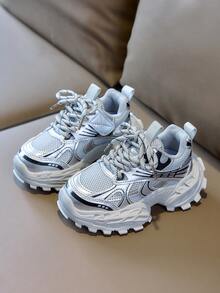 Kids Silver Grey Mesh Chunky Sneakers, Spring/Autumn Breathable Thick Sole Shock-Absorbing Non-Slip Sports Running Shoes For Boys And Girls - Grey - View 2