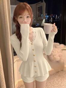 2026 Autumn/Winter New Minimalist Sexy Style Lace Patchwork Ribbed Knit Cardigan, Rich Girl Style Waist-Defining Ruffle Hem Slimming Long Sleeve Fall - Apricot - View 4