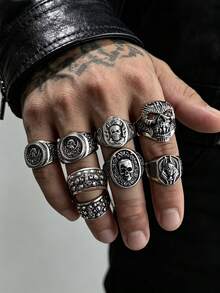 Gothic Dark Full Circle Skull Wide Band Ring, Vintage Heavy Metal Carved Flame Skull Personalized Distressed Men's Large Size Stackable Combination Ring, Motorcycle Hip-Hop Accessory Gift, Daily Commute Halloween Gift, Random Style 1pc/2pcs/3pcs/4pcs/5pcs/6pcs - Multicolor - View 15
