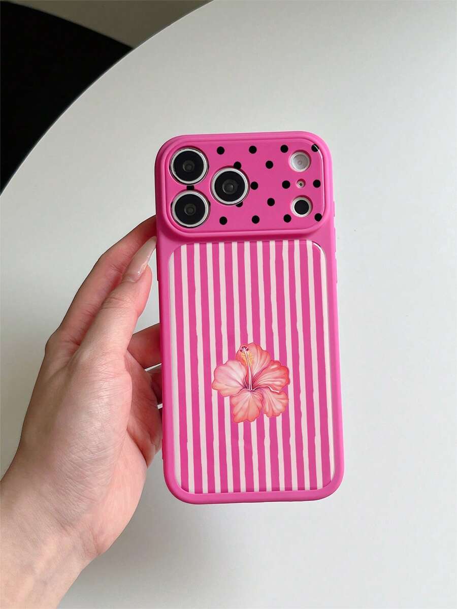 1pc Dopamine Rose Red Instant 17PROMAX Large Window Shockproof TPU Soft Phone Case UV Printed Striped Pink Stripes And Floral Combination Pattern Girls Phone Case Suitable For IPhone11/11PROMAX/12/12PRO/12PROMAX/13/13PRO/13PROMAX/14/14PRO/14PROMAX15/15PRO/15PROMAX/16/16pro/16promax/17/17pro/17promax - Multicolor - View 1