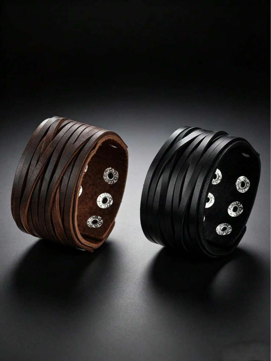 2pcs Striped Woven Texture Bracelets, Suitable For Men And Women Daily Wear, Fashionable, Exquisite Textured Gift For Friends - Black - View 1