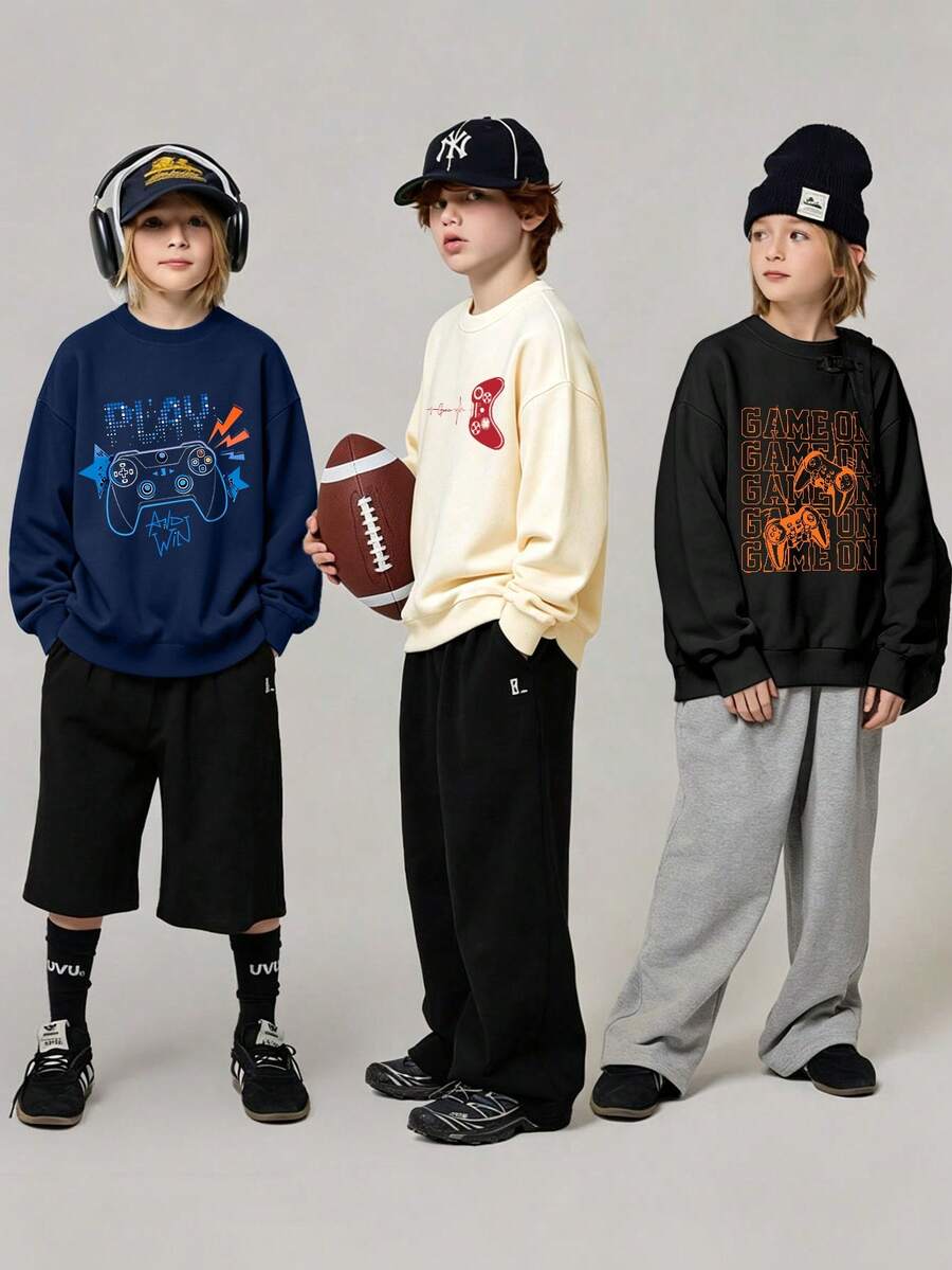3pcs Boys Game Controller & Slogan Print Crew Neck Sweatshirts, Autumn/Winter Fashion Comfortable New Tops - Multicolor - View 1