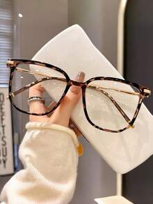 1 Pair Large Frame Metal Accessory Versatile Casual Fashion Personalized Plain Lens Glasses, Suitable For Daily Outings, Travel, Office, Beach Vacation, Outdoor Sports - Clear - View 1