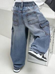 Tween Boy Letter Print Cargo Denim Jeans, Summer Fashion New Style - Blue - View 2