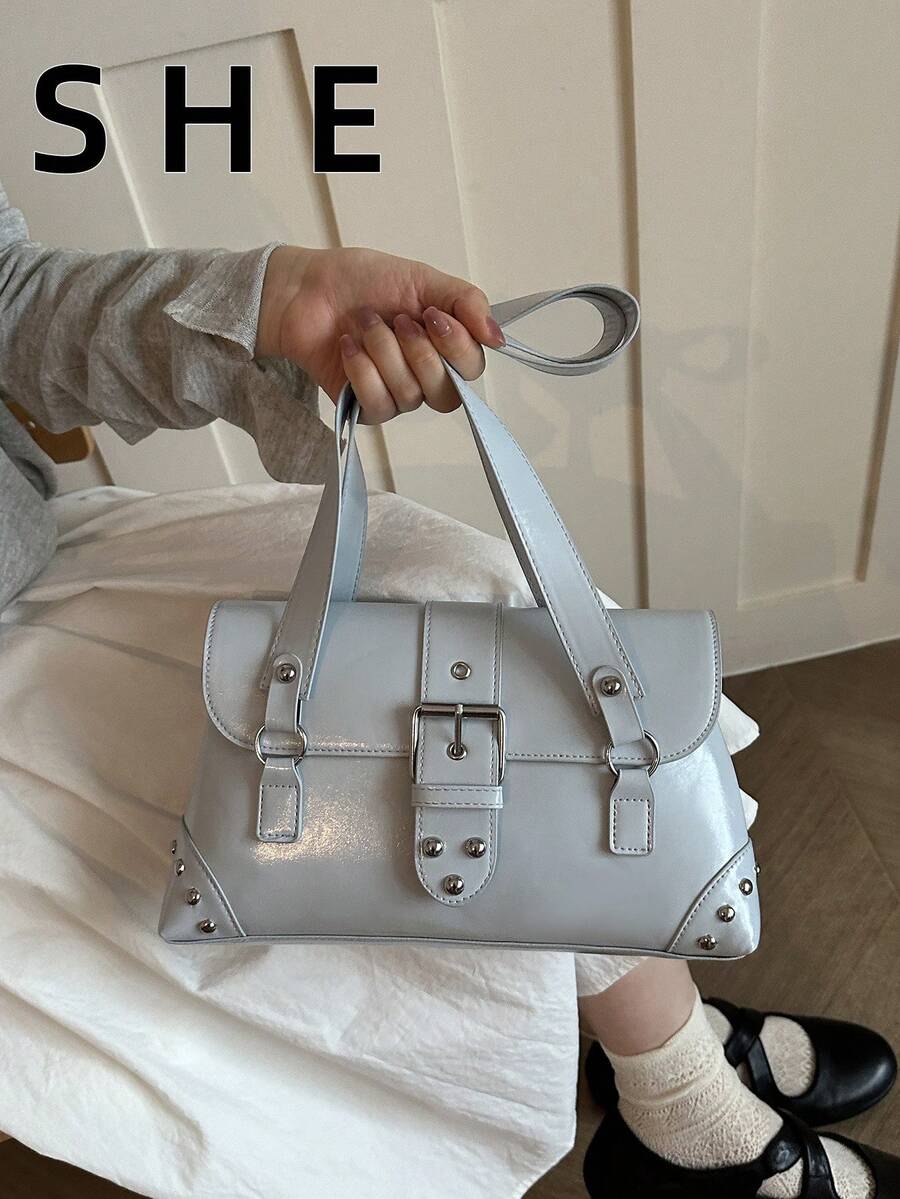 女款單肩包 時尚通勤手提包 腋下包 休閒日常實用 紋理優雅 - 藍色 - 查看 1