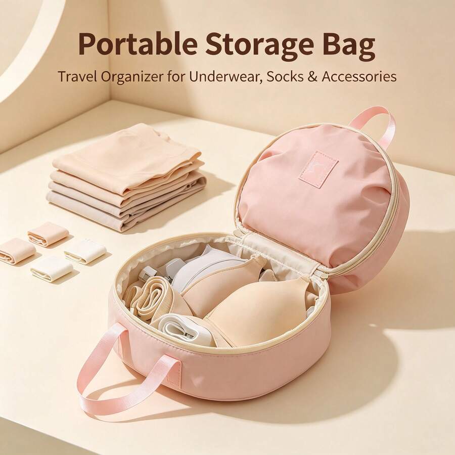 1pc Honey Girl Style Bra Storage Bag, Lightweight And Portable, Multi-Compartment Design, Efficient Storage For Bras And Panties, Handheld Or Hanging, Suitable For Travel And Home Organization, Beige, Zipper Closure, Bra Storage Bag