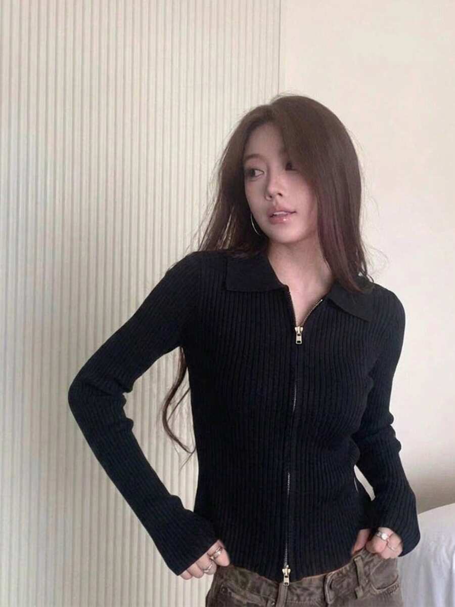 YCYC 秋冬設計女款雙向拉鍊長袖針織開襟衫 黑色 - 黑色 - 查看 1