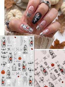 3pcs Halloween Day Of The Dead Self-Adhesive Pumpkin Lantern Ghost Skeleton Witch Spider Web Pattern Nail Art Decoration Metal Silver Dark Horror Party Autumn Winter Holiday DIY Nail Artist Supplies Nail Stickers - Multicolor - View 9