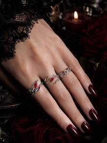 3er/Set Dunkler Gothic-Stil Unregelmäßiger Roter Strass Offener Ring Set Geeignet für Männer und Frauen zum Outfit in der Schulanfangszeit, Feiertagszeit, Halloween - Verschiedenfarbig - Übersicht 1