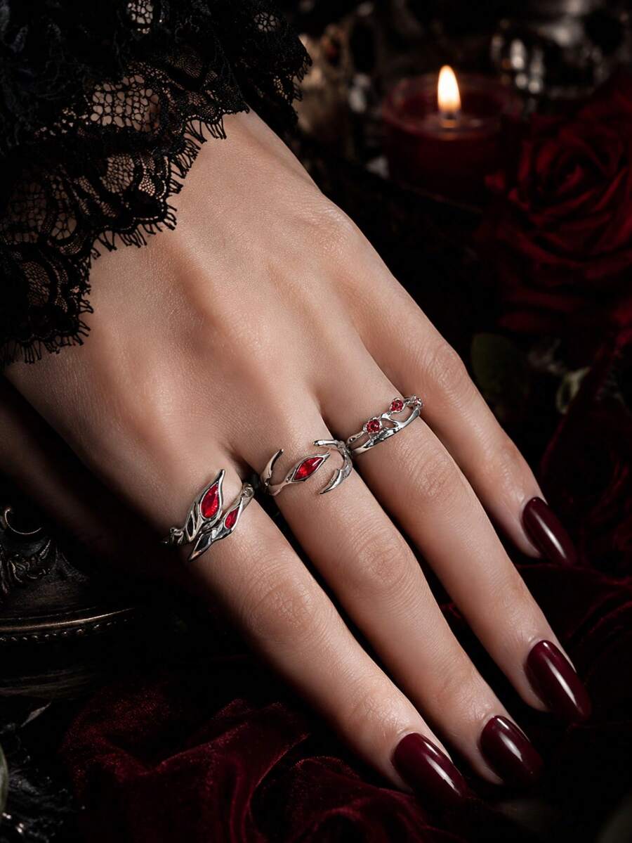 3er/Set Dunkler Gothic-Stil Unregelmäßiger Roter Strass Offener Ring Set Geeignet für Männer und Frauen zum Outfit in der Schulanfangszeit, Feiertagszeit, Halloween - Verschiedenfarbig - Übersicht 1