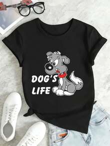 Women's T-Shirt With Cartoon Dog Print, Ideal For Autumn, Urban Hip-Hop Style, Breathable And With A Message. - Black - View 2