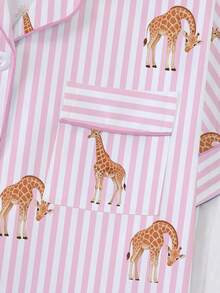 2pcs/Set Women's Pajama Set, Giraffe Print, Women's Loungewear, Spring/Summer Holiday Outfit, Short Sleeve Top And Shorts Set - Pink - View 5