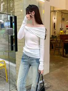 Design-Driven Fitted Inner Layer Base Layer Top For Women, Sexy Off-Shoulder T-Shirt With Premium Aesthetic Casual White - White - View 3
