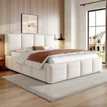Upholstered Bed 180x200 Beige Bouclé - Integrated Frame - 米色 - 查看 3