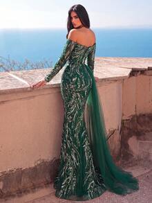 Faeriesty Elegant Floral Embroidered Mermaid Dress: Luxury Open Shoulder Evening Gown Party Wedding Vacation Fall - Dark Green - View 2