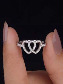 1 buah cincin hati ganda perak sterling 925, bertatahkan berlian berbagai ukuran, cocok untuk dikenakan oleh gadis dan wanita modern, pilihan ideal sebagai hadiah kencan atau perhiasan mewah. - Hati Ganda - View 5