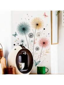 1pc Morandi Watercolor Dandelion Butterfly Wall Sticker, Minimalist Nordic Removable Self-Adhesive Wall Decal, Kitchen Living Room Warm Soft Natural Home Decor - Morandi Watercolor Dandelion - View 5