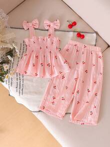 Conjunto de 2 piezas de top camisola con estampado lindo y fresco y pantalones largos para niña bebé, primavera/verano - Rosa - Ver 1