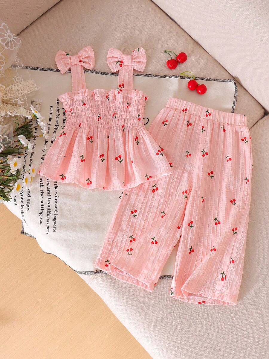 Conjunto de 2 piezas de top camisola con estampado lindo y fresco y pantalones largos para niña bebé, primavera/verano - Rosa - Ver 1