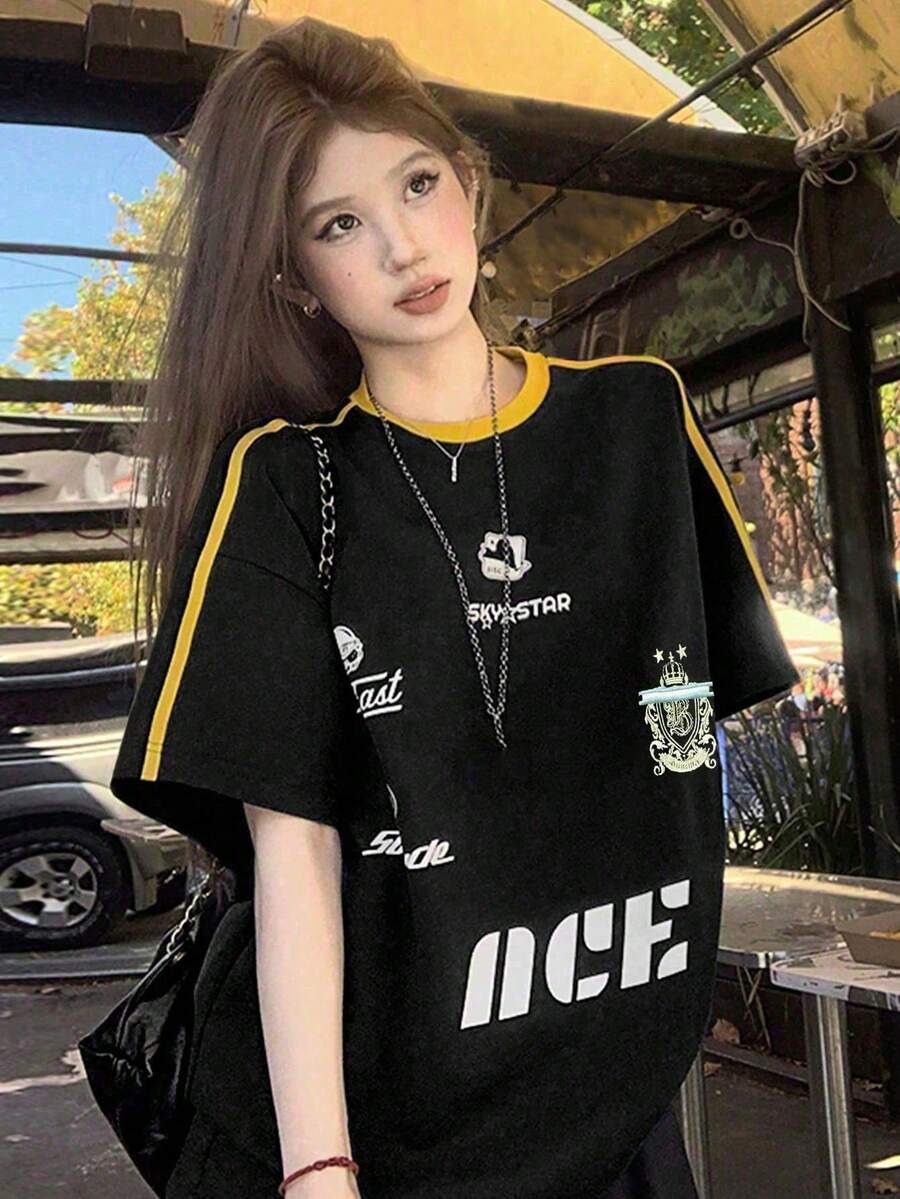女款寬鬆條紋對比色字母印花短袖T恤,百搭夏季上衣休閒黑色 - 黑色 - 查看 1