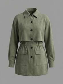Women's Loose Long Sleeve Collared Long Utility Shacket, Woven Fabric, Non-Stretch, Suitable For Autumn Casual Vintage Style - Olive Green - View 2
