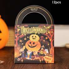 12pcs Halloween Handheld Paper Gift Boxes, Black Cat Pumpkin Ghost House Candy Gift Boxes, Suitable For Halloween Party Candy Gift Packaging, With Decorative Stickers - Multicolor - View 14