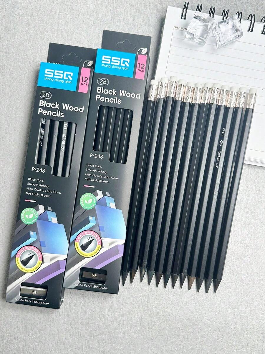 12支日常實用黑色2B鉛筆，附橡皮擦與1個鉛筆削筆器，不易折斷，書寫順暢，握感舒適，適合學生學習與考試專用，學生文具鉛筆套組，開學文具用品 - 彩色 - 查看 1
