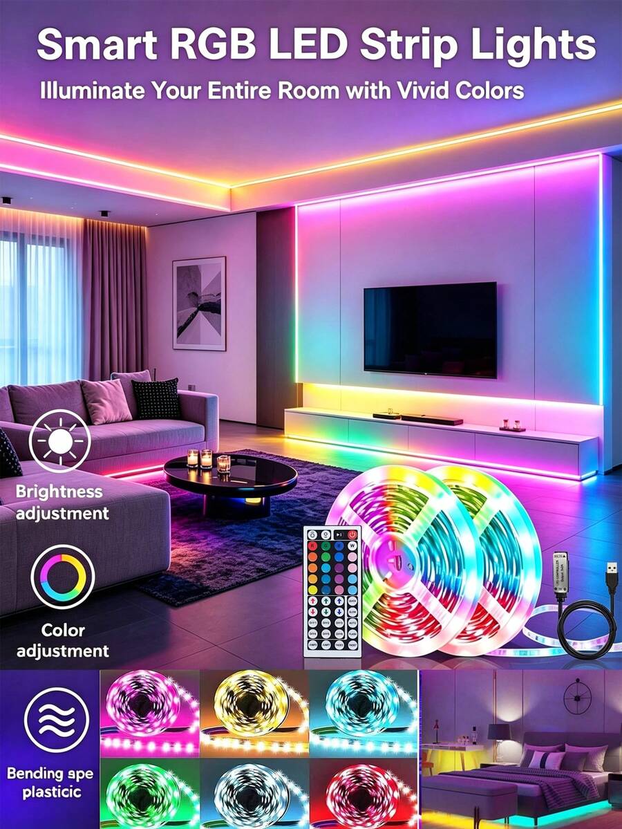 Living Room LED Light Strip, 44-Key Infrared Remote Control, USB Powered Self-Adhesive Cuttable TV Backlight, 1m To 30m Optional, Suitable For Home Bedroom Cabinet Holiday Decoration, TV Background RGB LED Light Strip, Monitor Backlight Decoration, 5V USB Powered Lighting, Suitable For TV/Monitor, Home Theater, Indoor Bedroom, Gaming Room And Home Decor. - Multi-color light - View 1