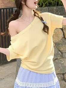 Y2K風格辣妹夏季新款純色設計不對稱單肩短袖T恤 女款百搭極簡休閒顯瘦黃色 - 黃色 - 查看 1