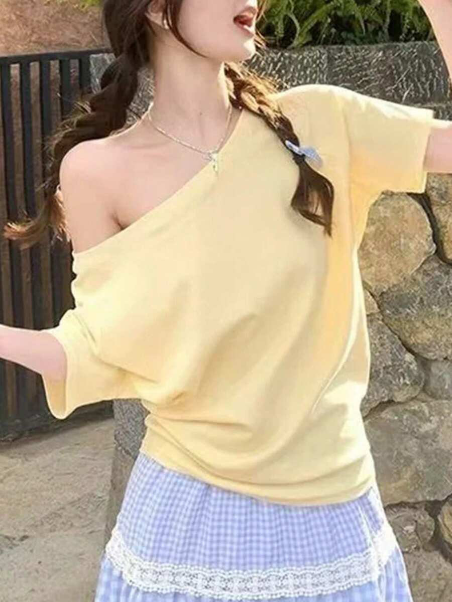 Y2K風格辣妹夏季新款純色設計不對稱單肩短袖T恤 女款百搭極簡休閒顯瘦黃色 - 黃色 - 查看 1