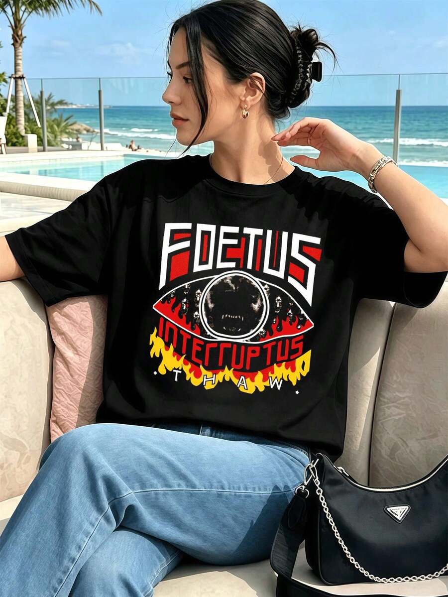 Women's Vintage Oversized Black T-Shirt, High Quality Fabric, Relaxed Fit, Hip-Hop Street Style, Comfortable, Impactful Print. - Black - View 1